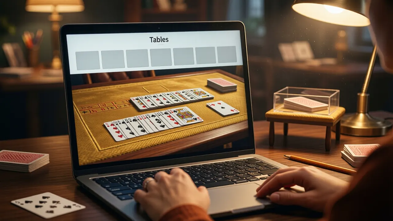 A woman at a desk with a laptop open in front of her, the laptop filling the frame, its screen showing a plain page headed "Tables" above seven plain grey bars without letters or numbers, and a small card table on gold baize beside the bars, a deck of cards and a pencil on the desk, lamp light