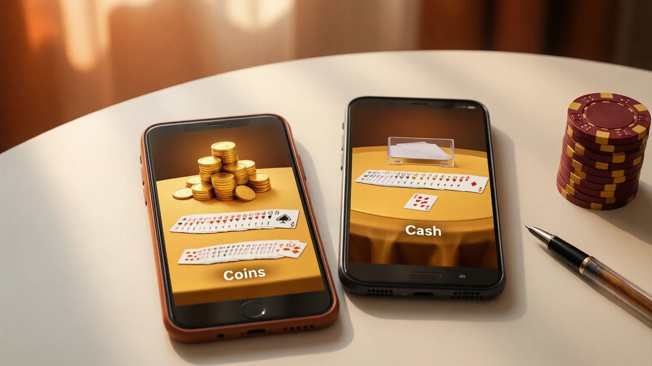 Two phones lying face up on a pale desk with a clear gap between them, both screens lit, the left screen showing a pile of gold coins above one word "Coins", the right screen showing a small card table on gold baize above one word "Cash", a pen lying beside them, soft daylight