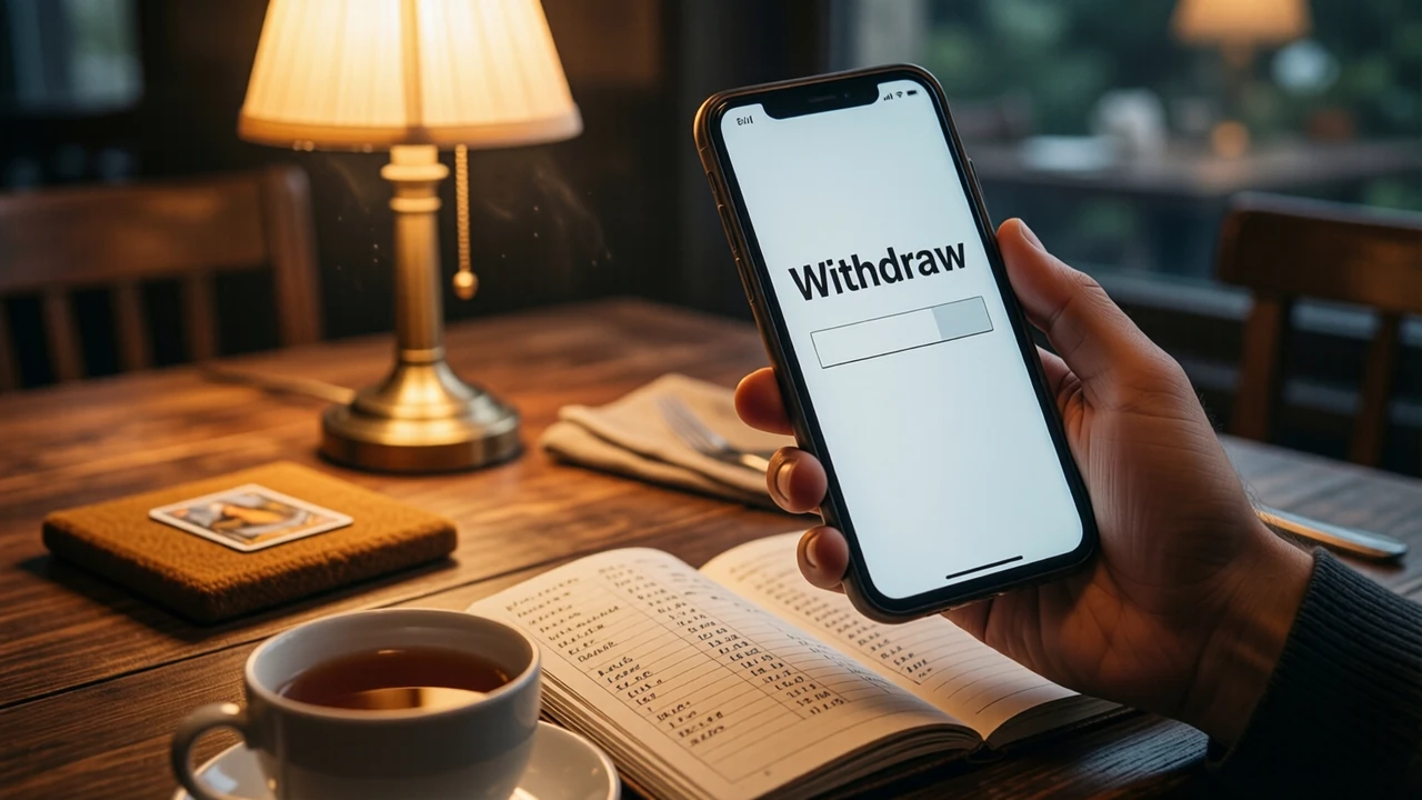 A man at a dining table in the evening holding a phone up in one hand, the phone large in the frame, its screen showing one large word "Withdraw" above an empty amount line, an open notebook with columns of handwritten figures and a cup of tea in front of him, warm lamp light