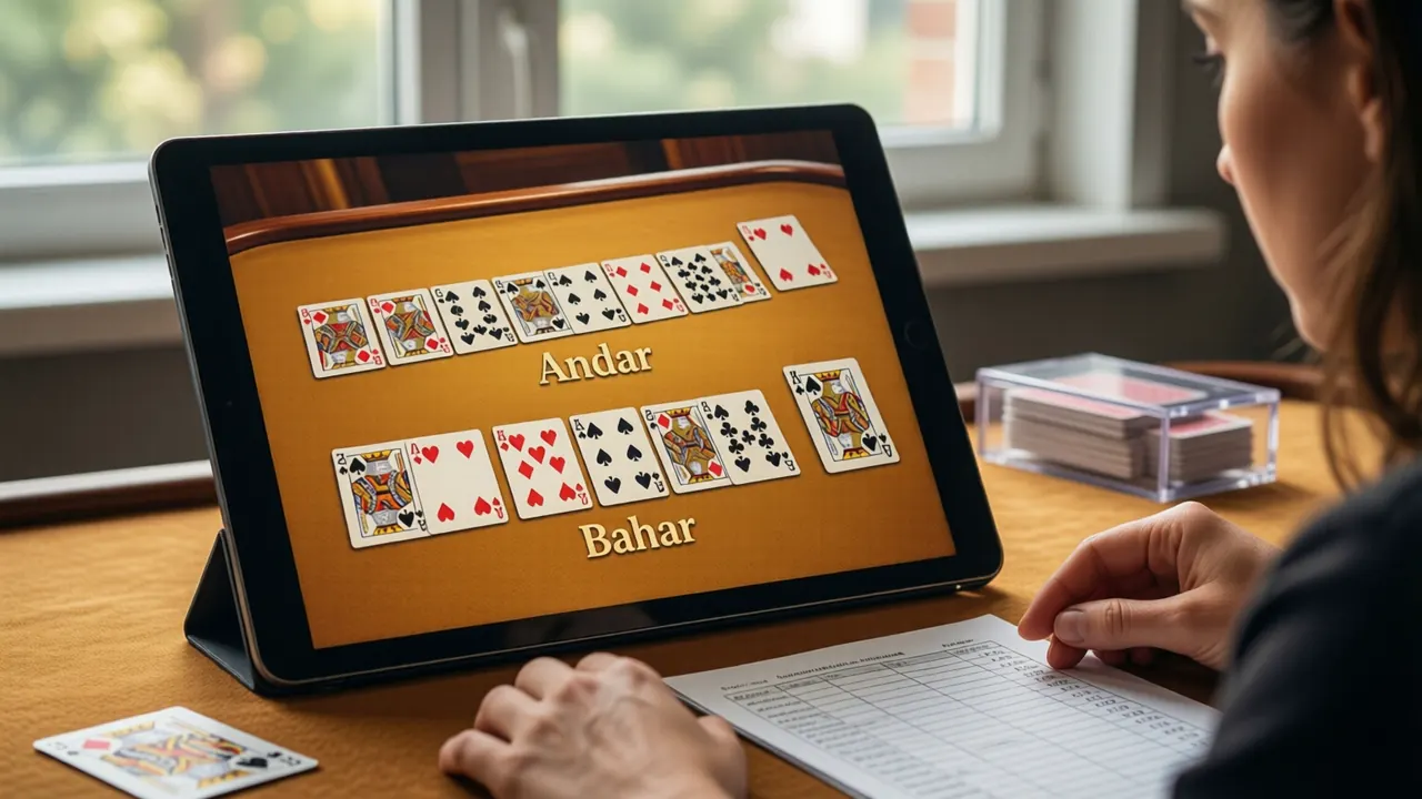 A woman in her thirties at a desk by a window, a tablet propped upright in front of her and large in the frame, its screen showing a dealer table on gold baize with two long rows of face-up cards, the upper row marked "Andar" and the lower row marked "Bahar" in large letters, one card set apart on the right, a printed sheet with a pencilled tally beside her hand, soft daylight