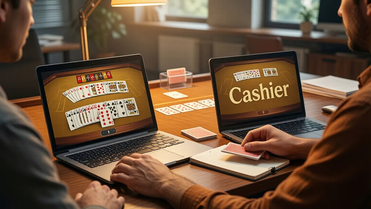 Two people working side by side at one long desk in a small office, seen from behind and to the side, one laptop screen showing a card table on gold baize with two rows of cards, the other showing one large word "Cashier", a shared notepad between them, warm afternoon light