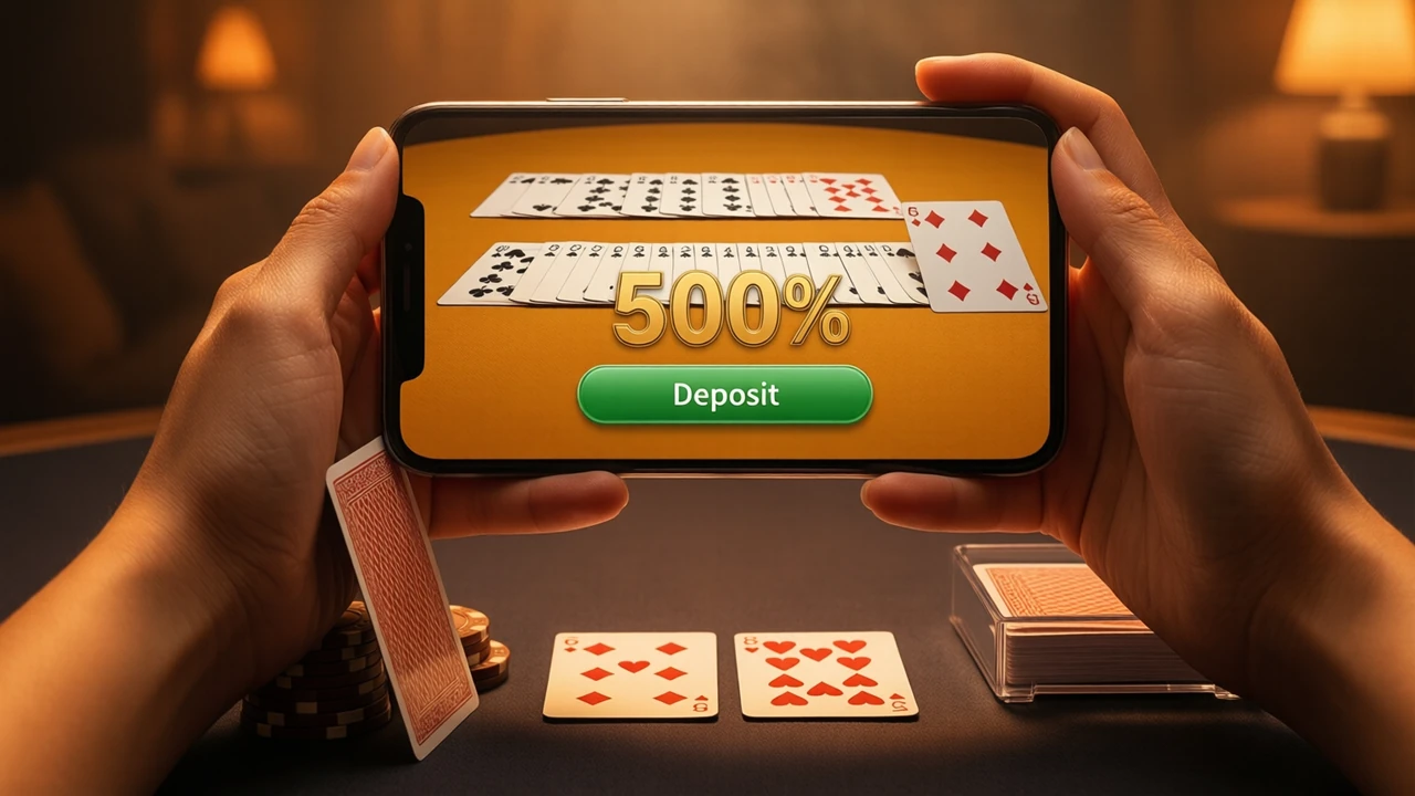 A woman's hands holding a phone above a dark card table, the phone large in the frame, its screen shows one big gold figure "500%" above one wide green button labelled "Deposit", two playing cards lying face up on the baize beside her wrist, warm amber light