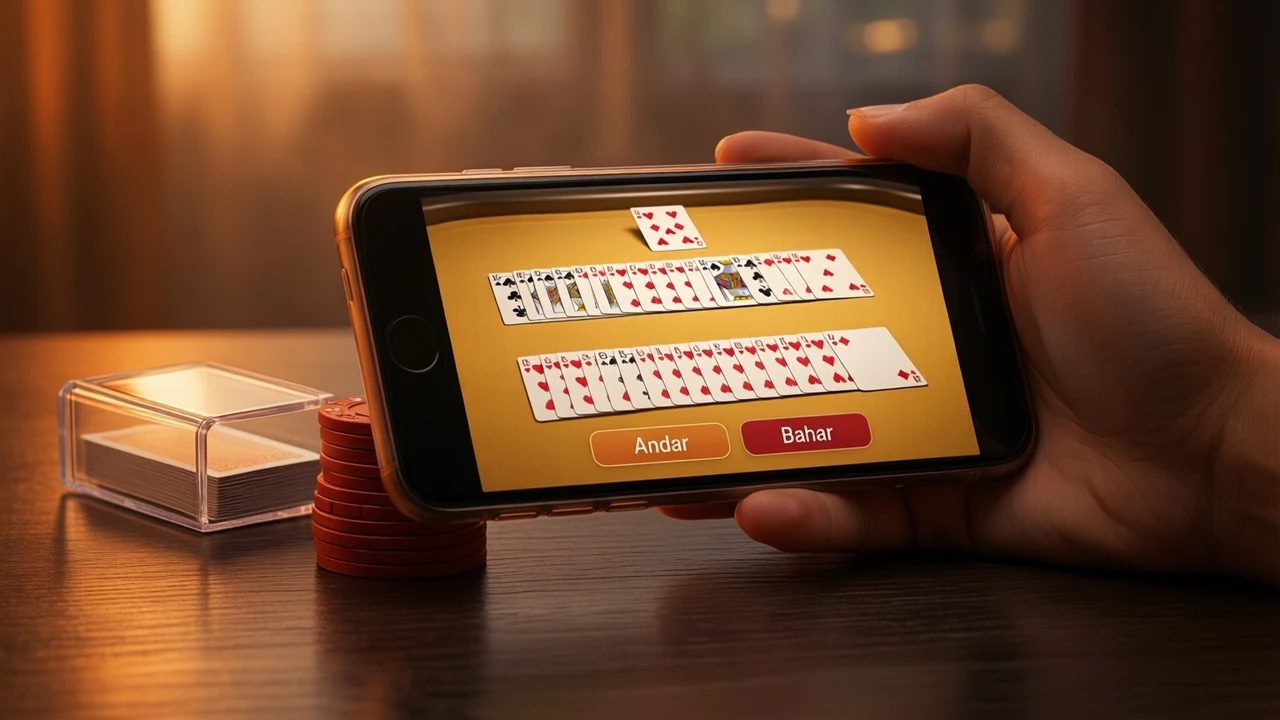 A hand holding a phone low over a dark wooden table, the phone fills most of the frame, its lit screen shows a live card table on gold baize with two long rows of face-up playing cards and one card set apart, two wide buttons under the table labelled "Andar" and "Bahar", a short stack of red chips beside the phone, warm evening light