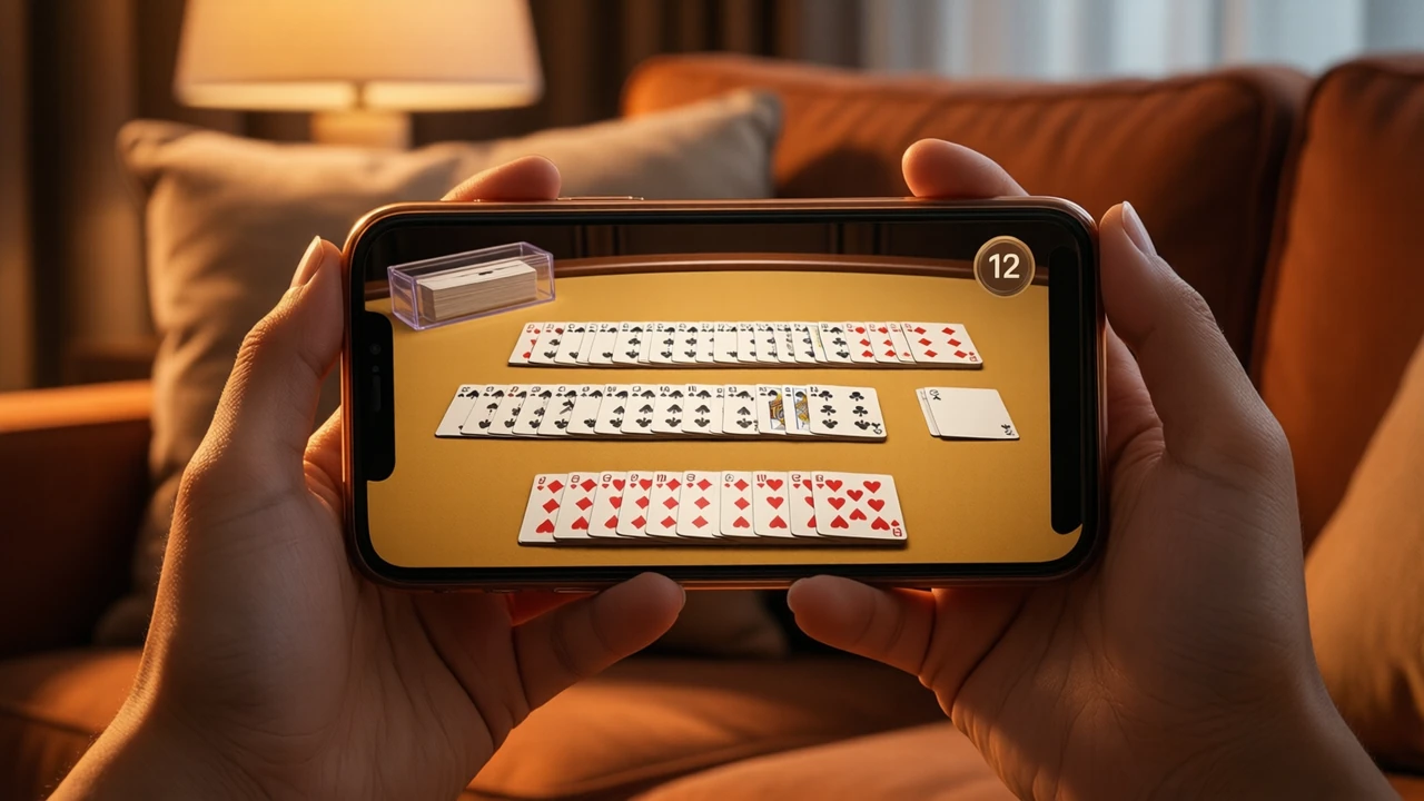 A young woman on a sofa holding her phone sideways in both hands, the phone large in the foreground, its screen shows a dealer's table on gold baize from above with two overlapping rows of face-up cards, a clear card shoe at the far edge and one round countdown badge reading "12", a cushion and a lamp softly blurred behind her