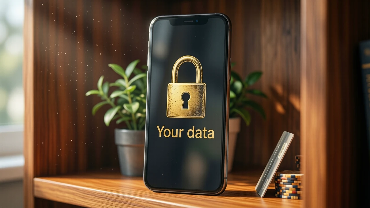 A phone standing upright on a wooden shelf, filling most of the frame, its screen showing a large closed padlock drawn in gold above the two words "Your data", a small green plant blurred beside it, soft daylight
