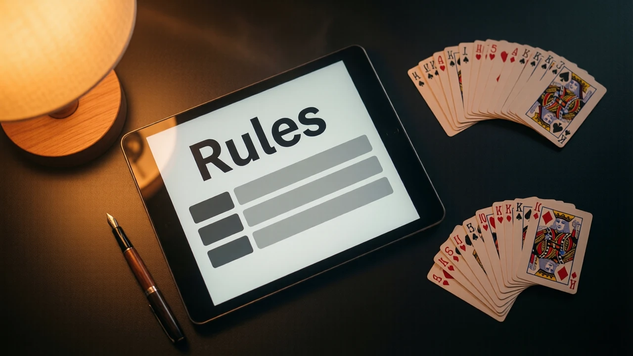 A tablet lying flat on a dark desk seen from above, filling the frame, its screen showing one large heading "Rules" and three short grey bars underneath like lines of text without letters, a fountain pen lying diagonally beside the tablet, warm lamp light