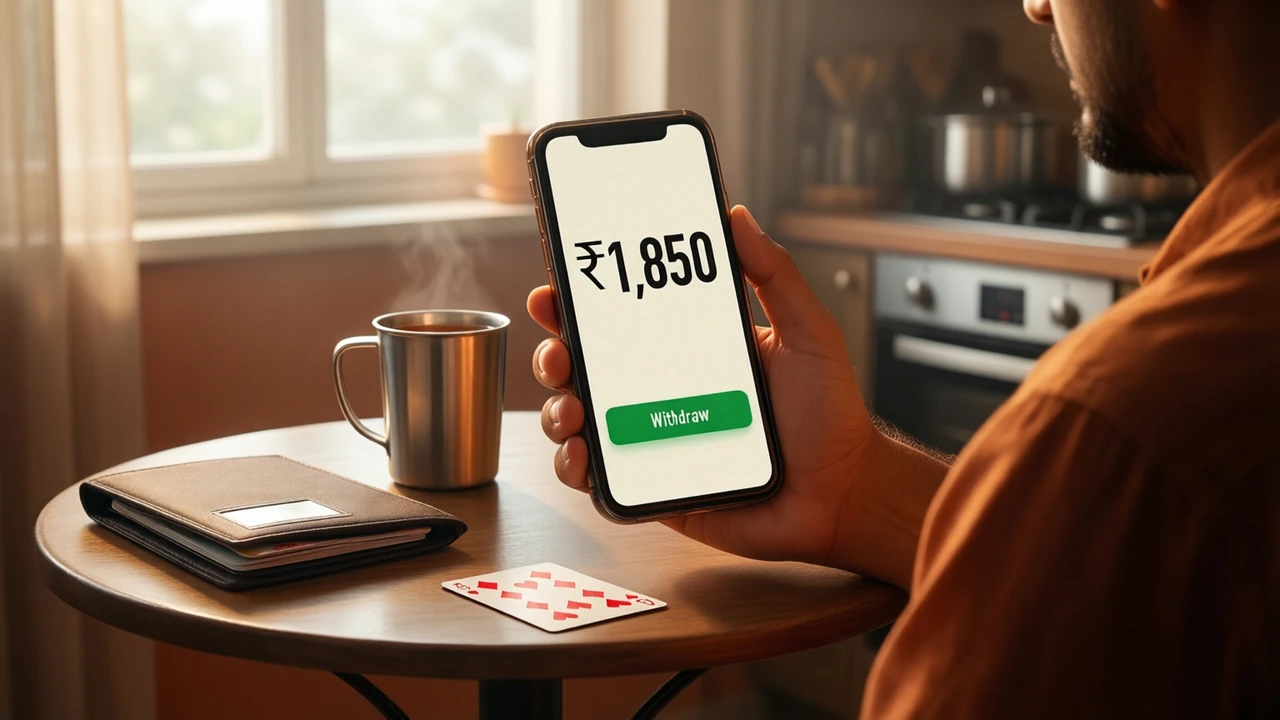 A man sitting at a small kitchen table, a phone held upright in his hand and filling much of the frame, its screen shows one large amount "₹1,850" in the middle and one broad green button underneath labelled "Withdraw", a steel tumbler of tea and a folded bank passbook with plain covers on the table, morning light from a window